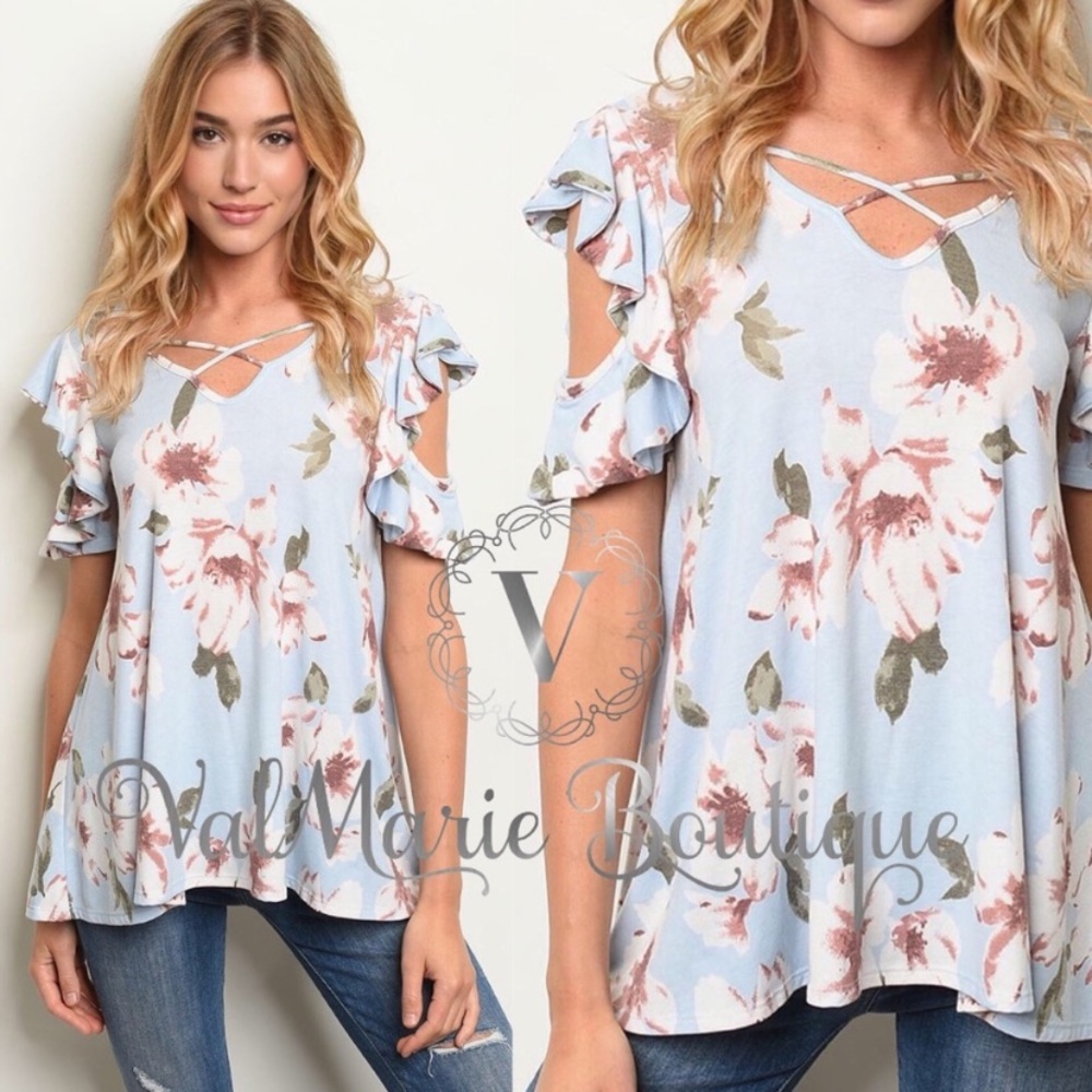 Blue floral ruffle sleeve cold shoulder top